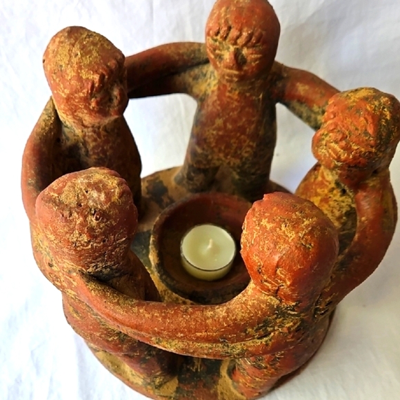 VINTAGE  CIRCLE OF FRIENDS  AZTEC MAYAN  CANDLE  HOLDER POTTERY SCULPTURE - Picture 1 of 17